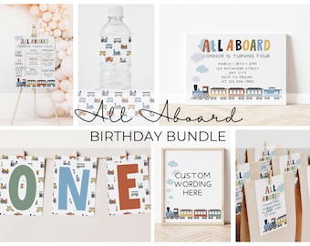 All Aboard Zug Geburtstag Bundle Set - Bearbeitbare Zug Geburtstagseinladung - Moderne Zugeinladung - Canva - Party bearbeitbar - Dekorationen