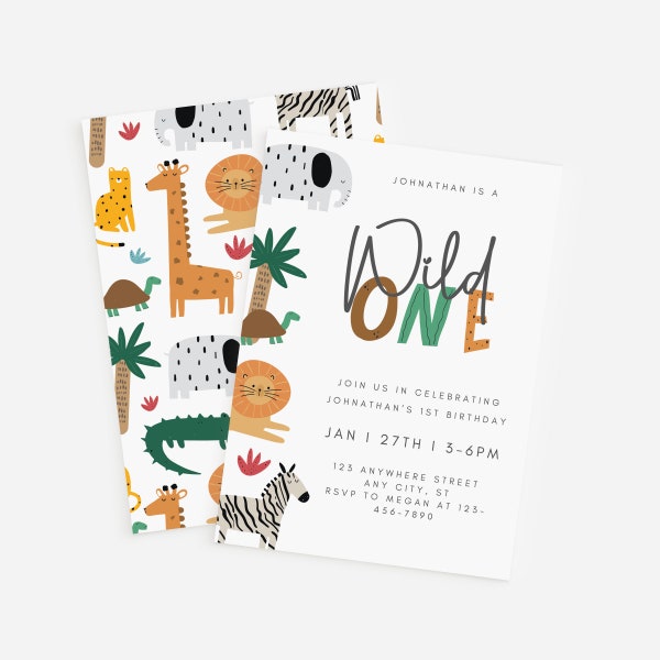 Wild One Invitation Green Brown and Orange Wild One Wild One Animals Boy 1st Birthday Invitations 1st Birthday Safari, Jungle