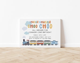 Chugga Chugga Choo Choo Look Who's Turning Two, Editable Train Birthday Invitation, Modern Train Invitation, Canva, Landscape