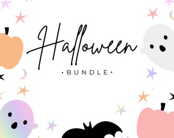 Bearbeitbares Pink-Halloween-Bundle - Holografisches Partydekor & Hexenkürbis-Canva-Vorlagen für spuktakelhafte Feiern