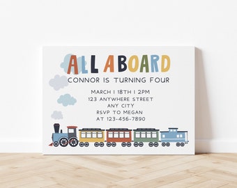 Editable Train Birthday Invitation - Modern All Aboard Theme Party - Customize in Canva - Birthday Cards