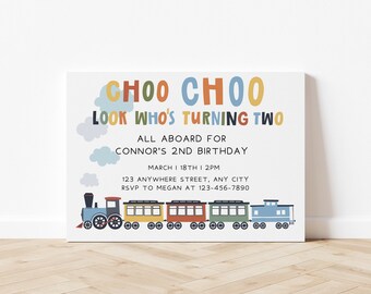 Choo Choo Look Who's Turning Two, Editable Train Birthday Invitation, Modern Train Invitation, Canva, Landscape