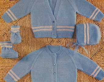 knitting pattern for baby cardigans bonnet and booties set boy or girl