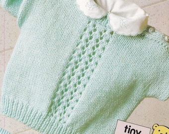 vintage baby sweater knitting pattern - button shoulder feature DK 8 ply yarn PDF instant download 14-22 inch chest