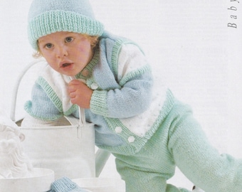 knitting pattern for baby boy cardigan hat mittens and trousers set in dk yarn, 16 to 24 inch chest, PDF instant download