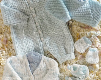knitting pattern for very cute baby boy set - all in one, sweater, cardigan, mitts and trainers
