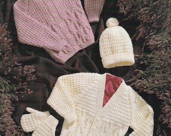 aran knitting pattern for child or baby boy or girl cardigan hat and mittens set