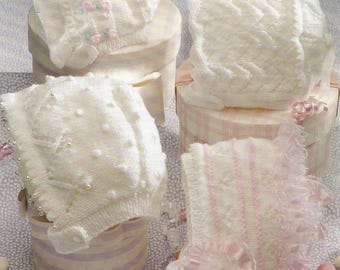 vintage knitting pattern for a collection of lace baby bonnets size age 0-2 years - 4 ply and 8 ply dk