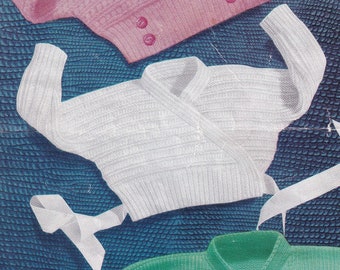 vintage knitting pattern for baby cardigans including dolman sleeve crossover design  - 19 to 21 inch chest