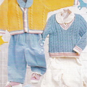 PDF knitting pattern for baby boy jacket and sweater with cable detail in dk yarn