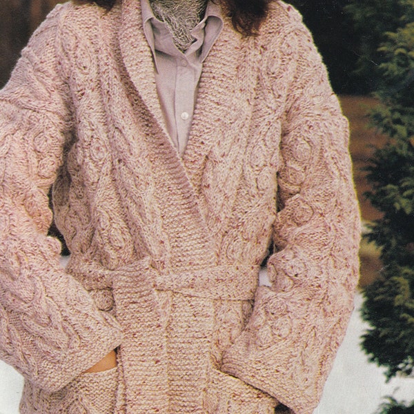 vintage knitting pattern for ladies long tie belt aran knit cardigan size 34-40 inch chest