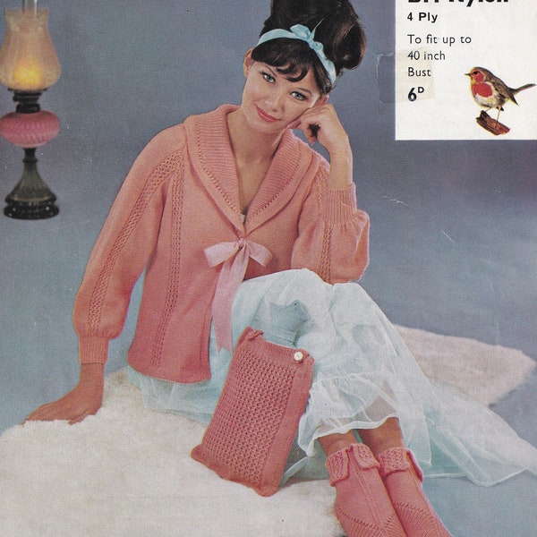 Vintage knitting pattern  for women bed jacket and hot water bottle bottle cover and bed socks slippers