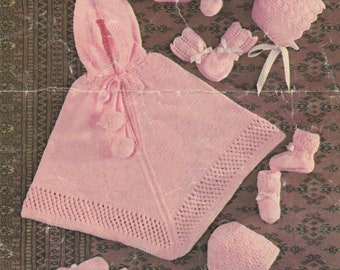 vintage knitting pattern for baby poncho bonnet booties set in dk and 4 ply