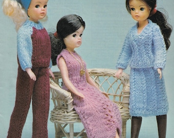 vintage knitting pattern for Sindy teenage fashion doll clothes skirt sweater trousers dress