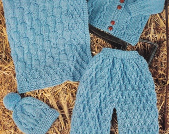 Aran Strickmuster für Baby Jungen Strickjacke Decke Mütze und Hose Set