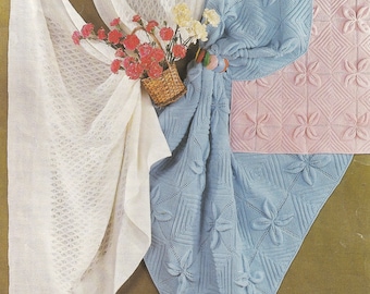 vintage knitting pattern for baby flower leaf pram blanket and shawl