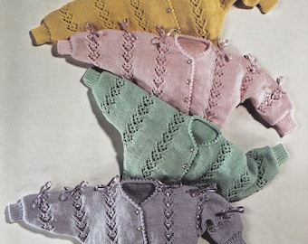 vintage knitting pattern for pretty baby cardigan with dolman sleeves and ribbons - 14 to 24 inch chest
