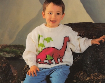 Knitting Pattern for Childs Dinosaur Intarsia Sweater