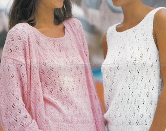 vintage knitting pattern PDF for ladies summer top and cardigan set, , 1980s, instant download, DK 8 ply, 30 to 42 inch chest