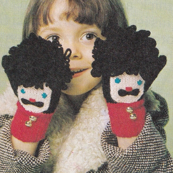 guardsmen mittens, football supporter toy and toilet roll cover vintage knitting pattern