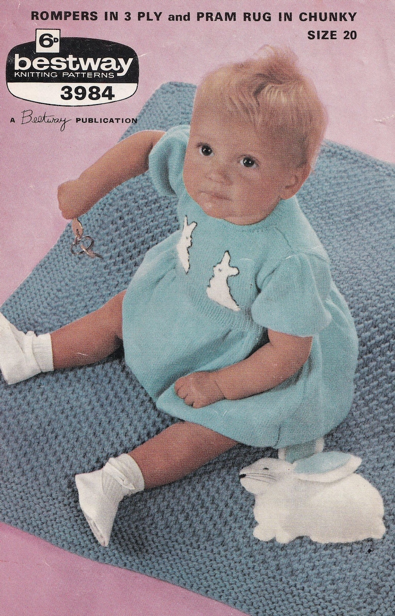PDF Vintage Knitting Pattern for 3 Ply Romper Suit and Chunky Pram Rug ...