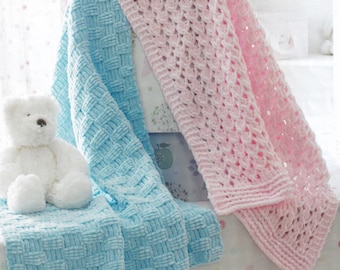 PDF knitting pattern for lovely chunky baby blankets in 2 sizes