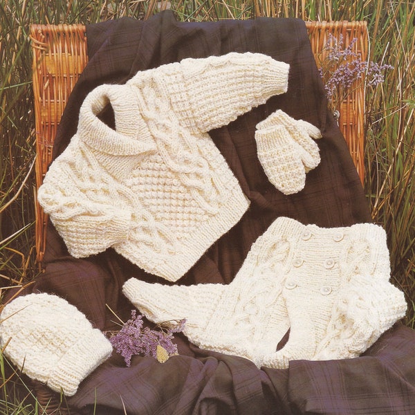 aran knitting pattern for baby boy jacket sweater hat and mittens set - 16 to 30 inch chest