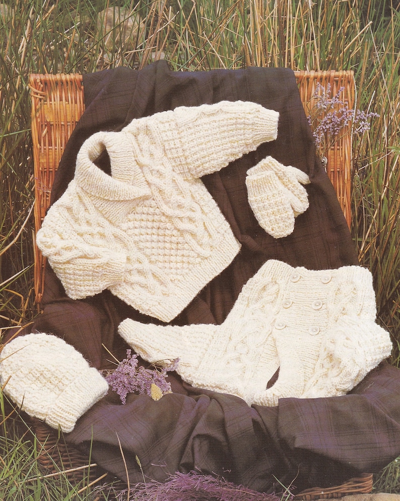 Aran Knitting Pattern for Baby Boy Jacket Sweater Hat and Mittens Set