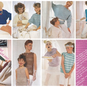 May include: A collection of knitting patterns featuring various sweaters, vests, and tops for women and children. The patterns are from Capris magazine, which is known for its fast, economical, and easy knitting designs.