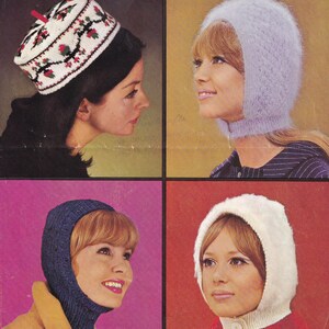 May include: A retro image showcasing four women wearing various knitted hats. The hats include a white and red floral patterned cap, a lavender hood, a dark blue hood, and a white hood with a button. The background is divided into colourful squares.