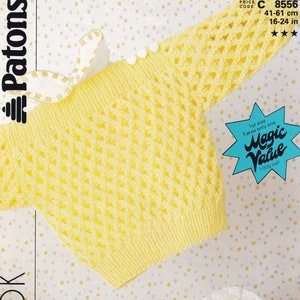 May include: A yellow knitted baby sweater with a diamond pattern. The sweater is made with a single ball of yarn and is sized for a baby 16 to 24 inches.