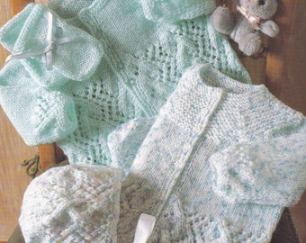 vintage knitting pattern for baby set with matinee jacket, bonnet and mitts