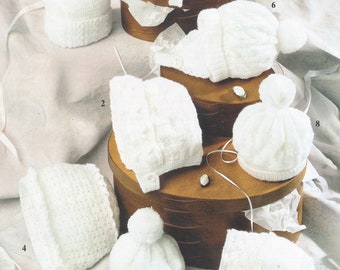 vintage knitting pattern for a collection of baby hats and bonnets in dk and 4 ply yarn