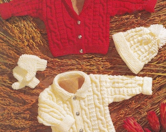 aran knitting pattern for baby to child girl boy round and v neck jackets hat mittens
