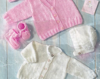 knitting pattern for lovely plain baby cardigan and bonnet booties set