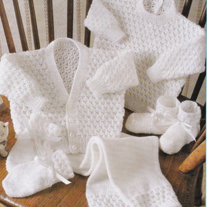 vintage knitting pattern for 3 ply baby set with cardigan sweater trousers mitts and booties