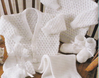 vintage knitting pattern for 3 ply baby set with cardigan sweater trousers mitts and booties