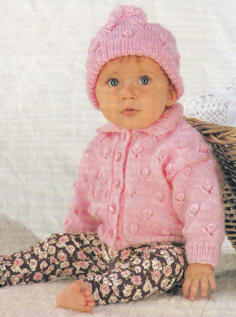 knitting pattern for baby girls bobble cardigan and hat set image 1