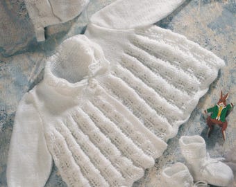 vintage knitting pattern for 3 ply baby matinee cardigan booties and bonnet set