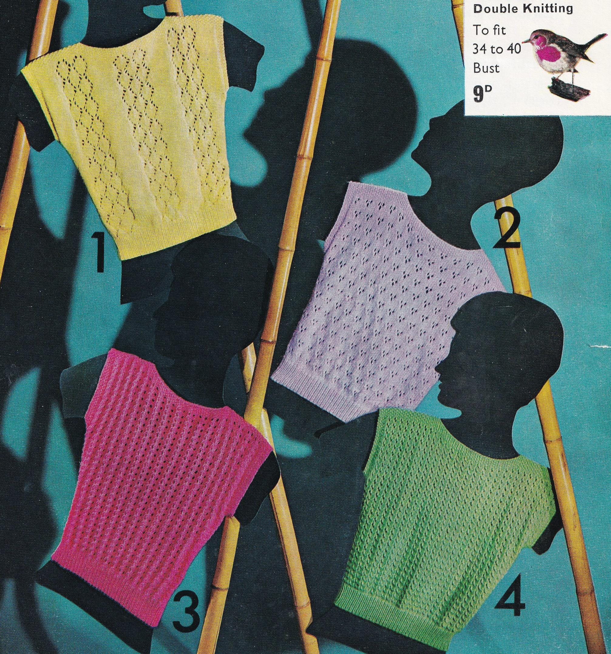 vintage knitting pattern for ladies short sleeved jumper tops set - PDF instant download - 1960s in DK yarn