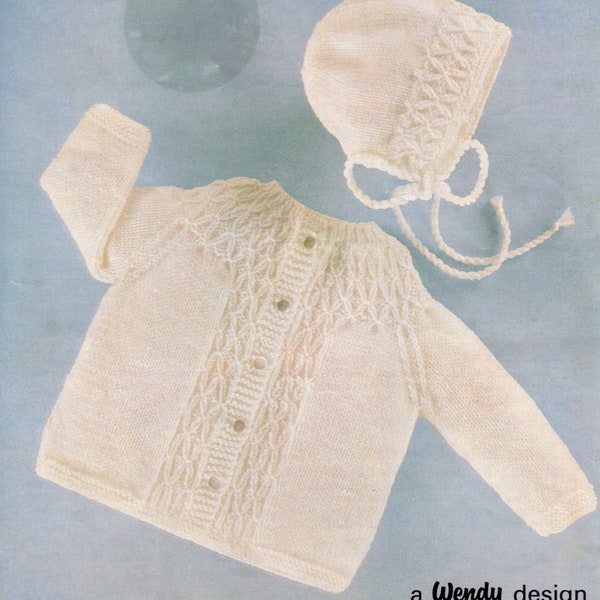 vintage knitting pattern for baby smocked cardigan and bonnet set in dk yarn