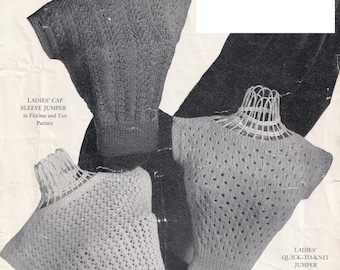vintage knitting pattern for 3 ladies quick to knit jumper tops - PDF download, sizes from 32 to 36 inch bust