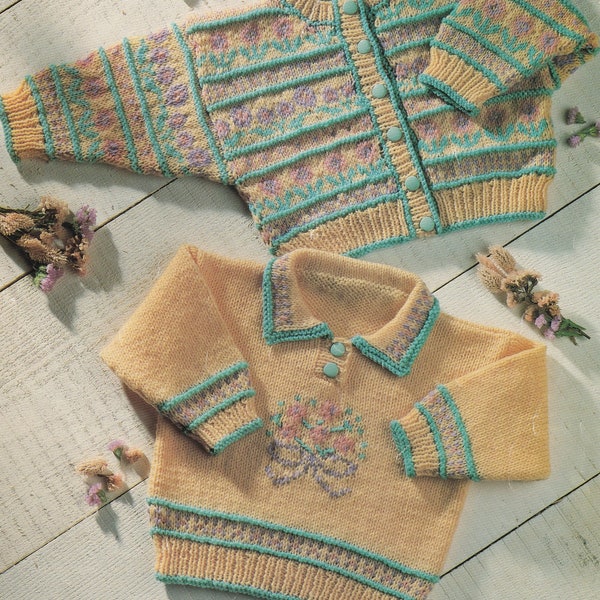 vintage baby knitting pattern for sweater and cardigan using fair isle and Swiss embroidery