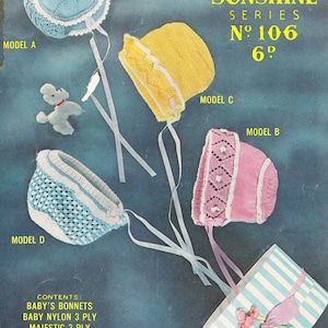 vintage knitting pattern for a collection of beautiful baby bonnets