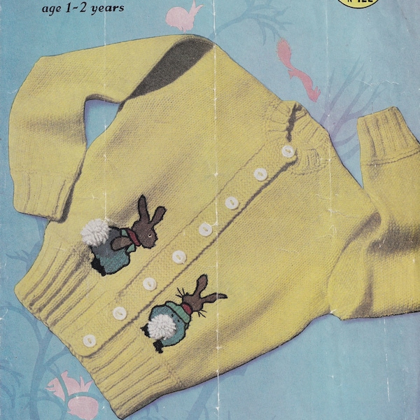 vintage knitting pattern for childrens beautiful rabbit cardigan age 1-2 years