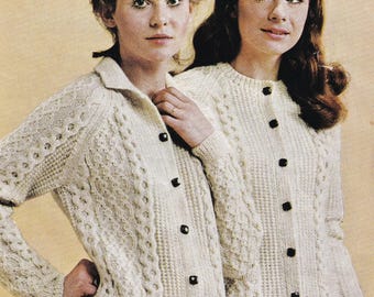 vintage knitting pattern for ladies lovely aran knit cardigan jacket size 34-44 inch chest