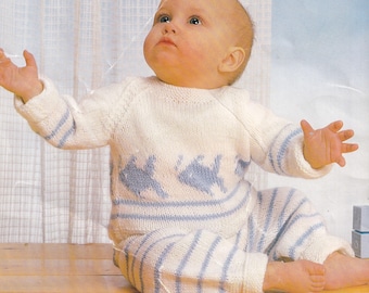 vintage knitting pattern for baby boy fish sweater and trousers set PDF download