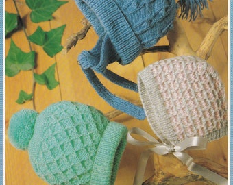 vintage knitting pattern for a collection of children hats in dk yarn ages 2-5