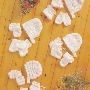 vintage knitting pattern for cute baby bonnet booties and mittens sets