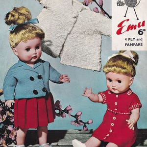 May include: A knitting pattern for a doll's outfit. The pattern is for a blue jacket with buttons, a red skirt, and a red dress. The pattern is from Emu 4 Ply and Fanfare.